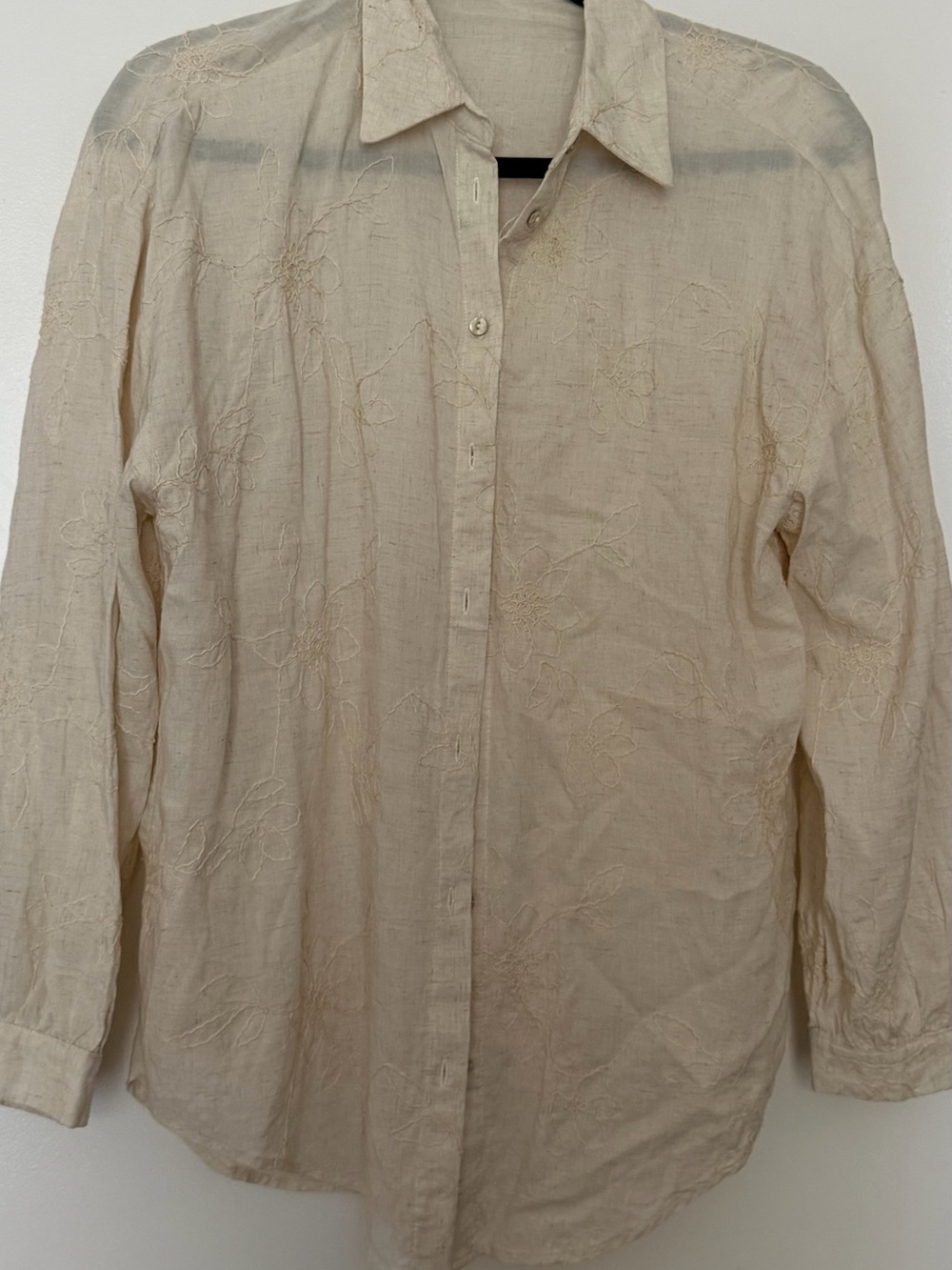 Zara Cream Embroidered linen blend Button-Down Shirt